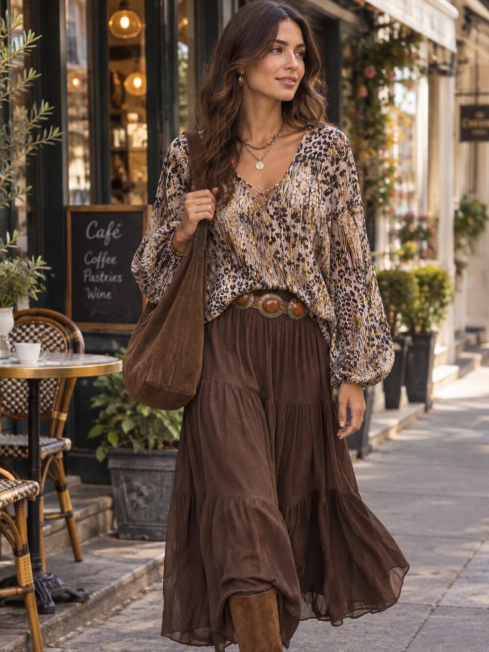 By Together Small Animal Print Metallic Flowy Top blouse Lace Up Boho Made USA